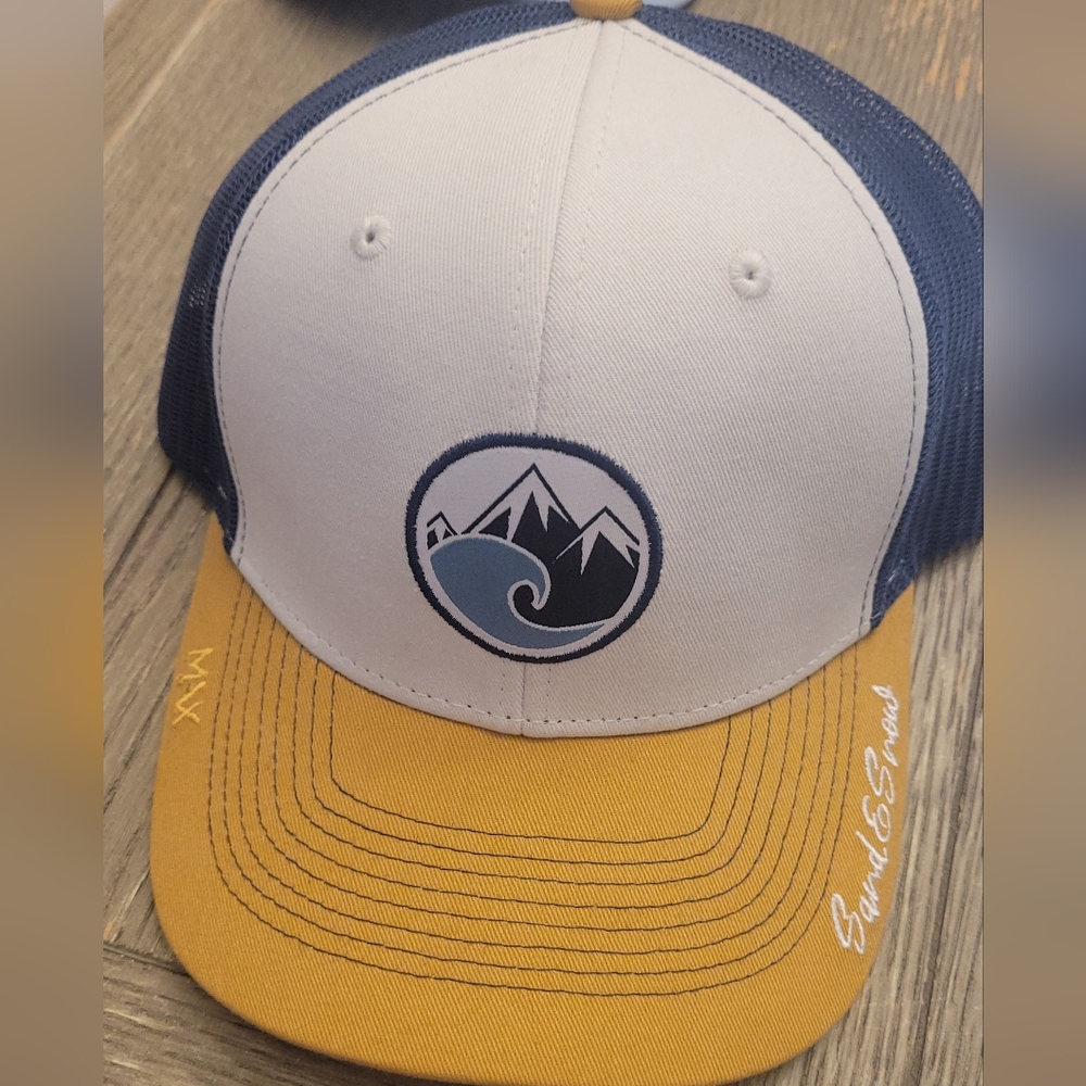 Custom White and Blue Trucker Hat with Yellow Brim